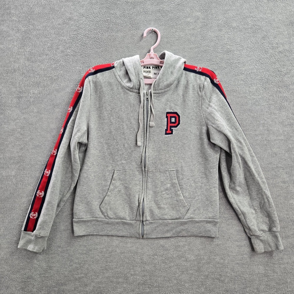 PINK Victoria's Secret Women Hoodie M Gray Crop Embroidered Logo Full Zip Fleece